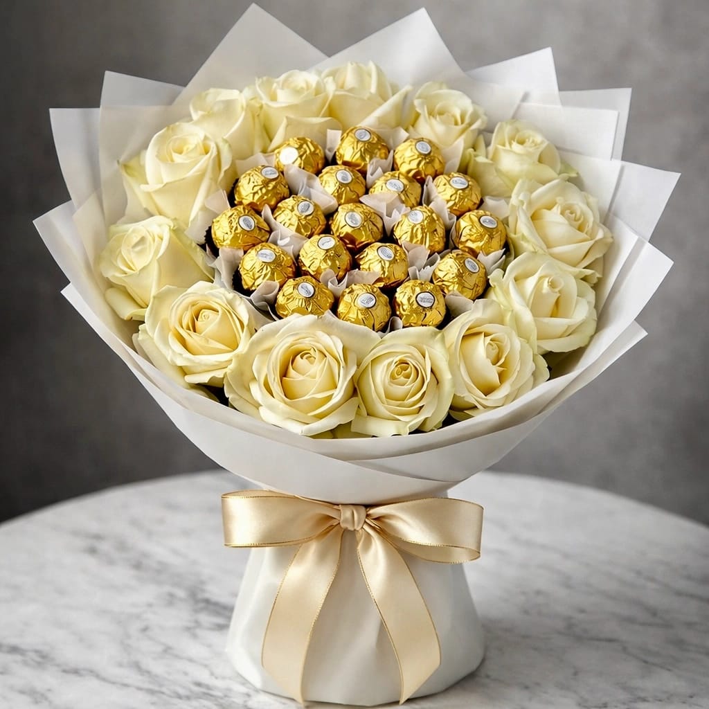 Ivory Roses & Ferrero Rocher — Flowchow flower delivery UAE