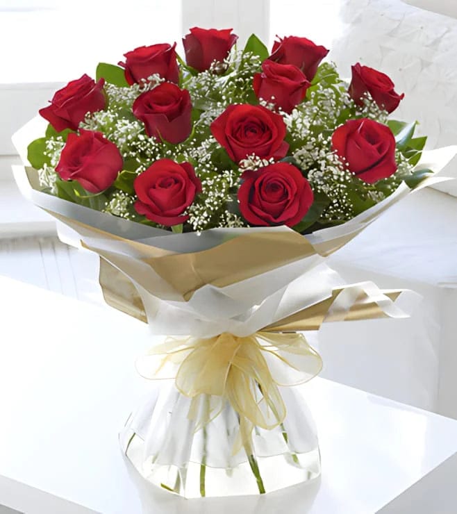 Classic Red Roses & Gypsophila — Flowchow flower delivery UAE