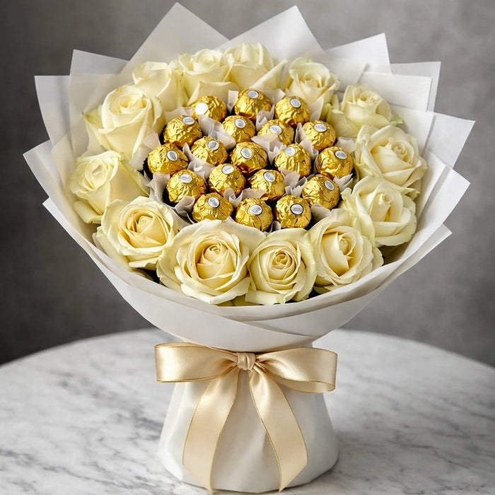 Ivory Roses & Ferrero Rocher — Flowchow flower delivery UAE