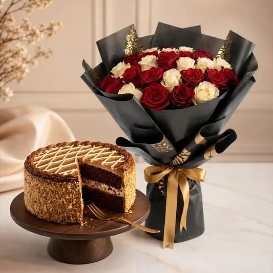 Midnight Roses & Chocolate Cake — Flowchow flower delivery UAE